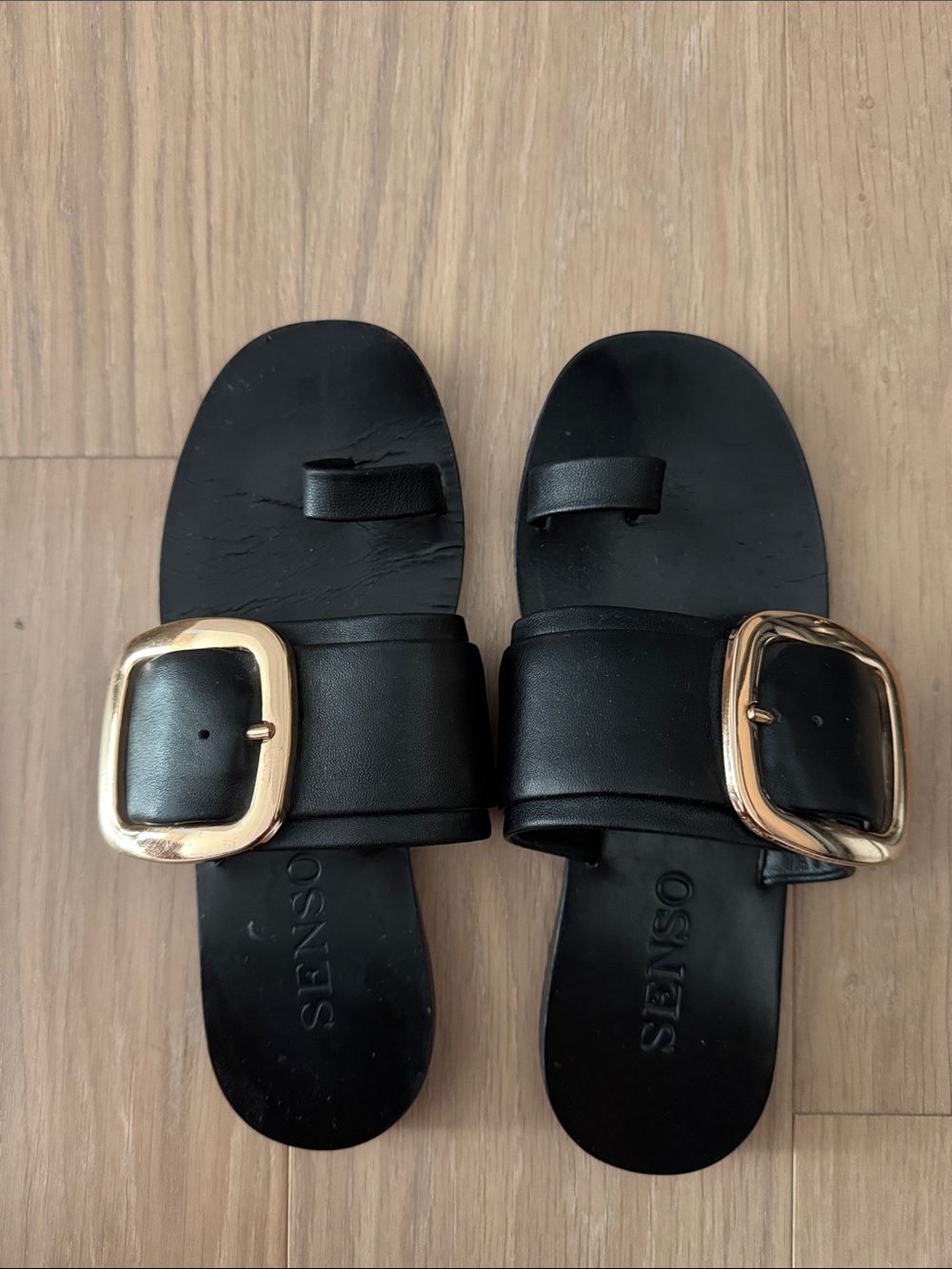 SENSO Black Leather Slides with Gold Buckle Accent
